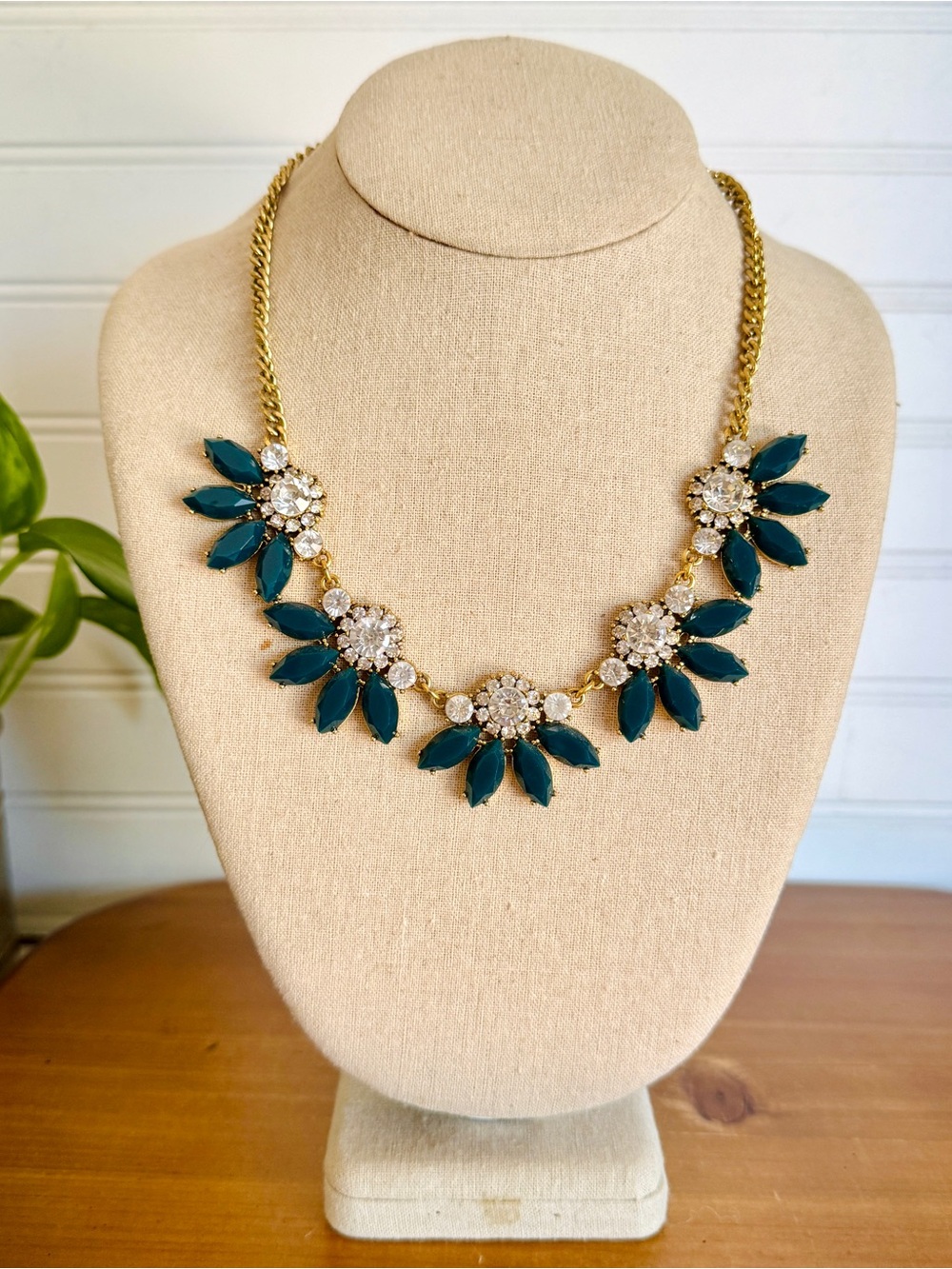 J.Crew Teal Crystal Rhinestone Floral Statement Necklace Gold Tone